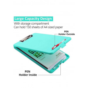 Clipster Storage Pad Plastic Portable Clipboard Writing Pad with Pen Holder, A4 Size,Blue (Pack of 1) - Keep 120 Sheets