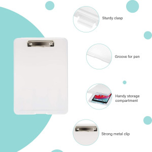 DL Storage Pad Plastic Portable Clipboard Writing Pad with Pen Holder, A4 Size,Transparent (Pack of 1) - Keep 120 Sheets