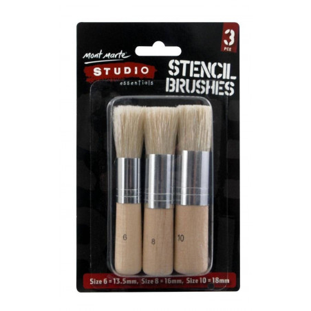 3 Round STENCIL BRUSHES Size 6 8 & 10 Hog Bristle Brush With Wood Handle  for Stenciling Oil Acrylic Ink 6 8 10 MAA0021 Mont Marte 