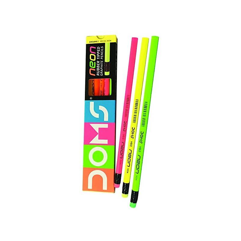 Doms Neon Multi-color Wooden Pencil Rubber Tipped Graphite Pack of 10 Pencils 
