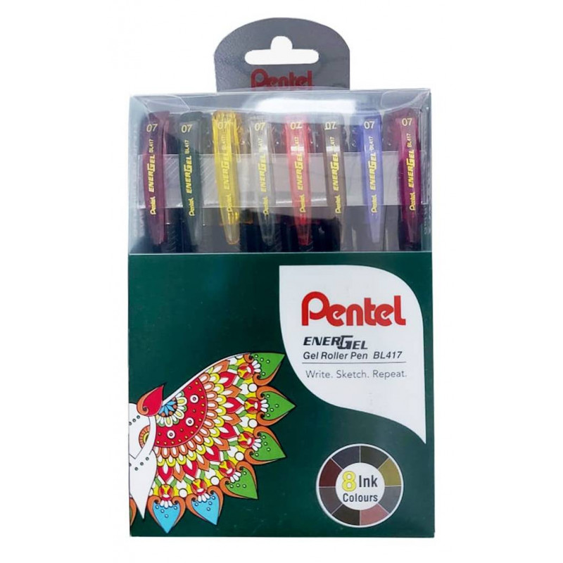 Pentel Energel Roller Gel pens (8 Colours - Burgundy, Yellow, Cool Pink,  Lilac, Forest Green, Grey, Sepia, Magenta) 0.7mm